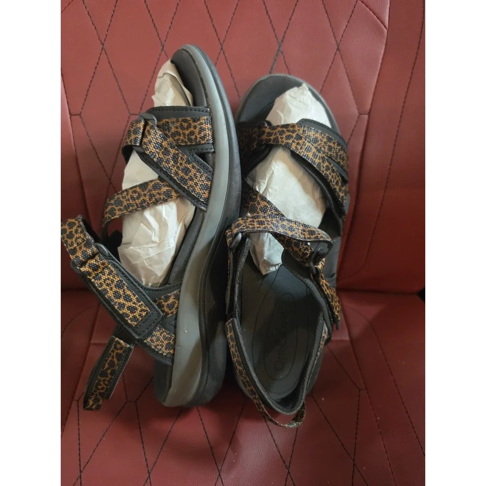 Orthofeet Women's Black/Brown Animal Print Strappy Sandals US 8 D